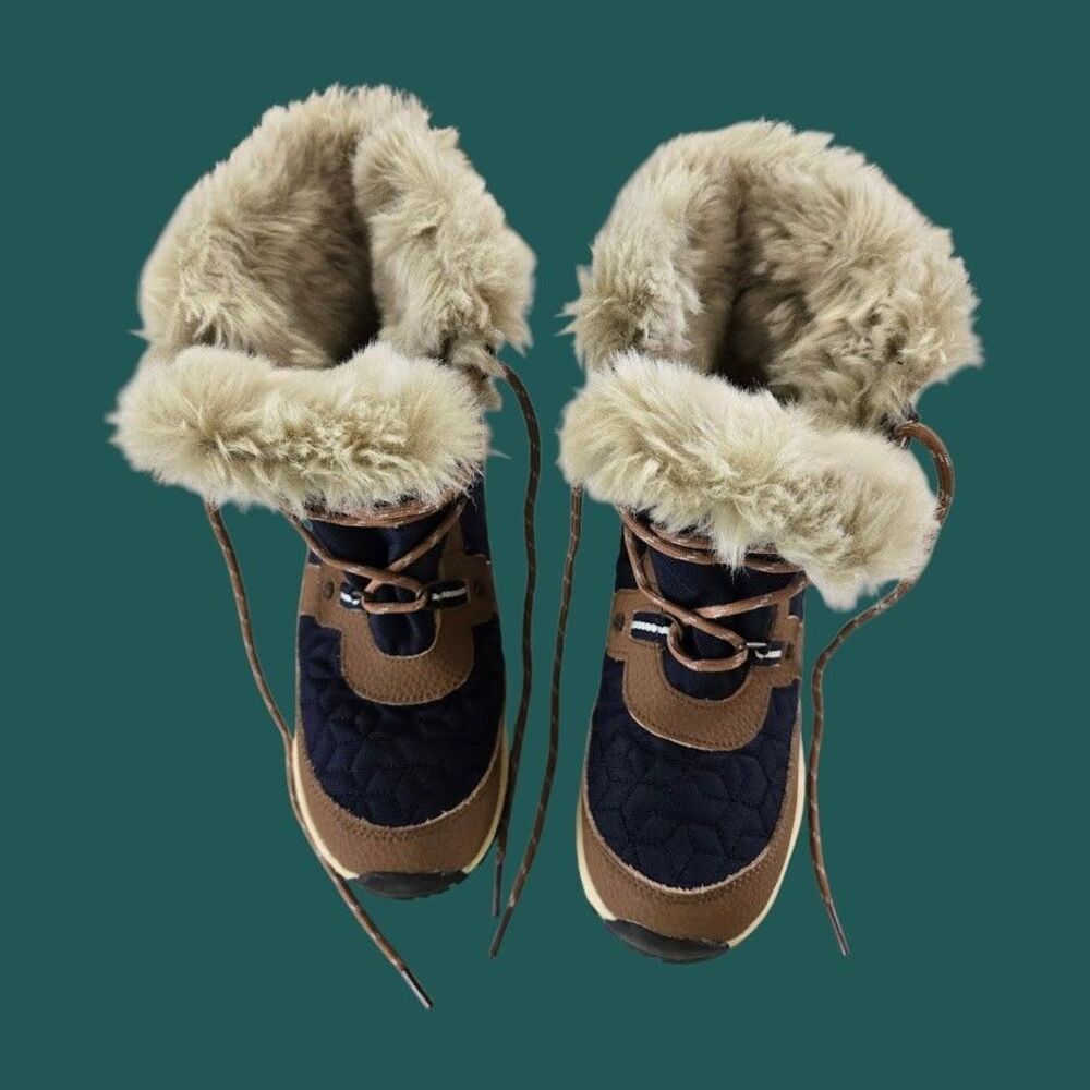 Ladies 7 Bearpaw Marina Snow Boots Waterproof Quilted Navy BRN Leather Faux Fur - Picture 7 of 13